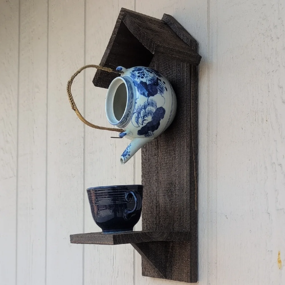Rustic Wooden Handcrafted Bird Feeder Teapot Blue Bird Cafe - Picture 2 of 16